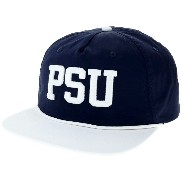 navy hat with white embroidered PSU and brim with rope